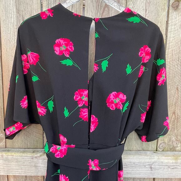 Zara Floral Jumpsuit Tie Waist Short Sleeve Slit Cropped Wide Leg Black Large - Picture 6 of 10
